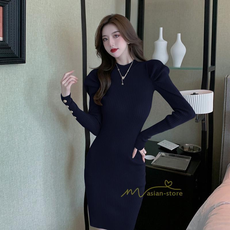 ミニ丈 | ニットワンピース レディース 長袖ワンピース 秋冬 新作 おしゃれ タイトニットリブ ショート丈 オシャレ通勤 20代30代40代 OL 大人 体型カバー 無地