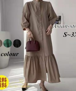 マキシ | シャツワンピース 7分袖 無地 切り替え モックネック シンプル レディース カジュアルワンピース 秋コーデ マーメイドワンピ 前開き Aライン 大きいサイズ 秋