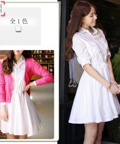 ミディアム | 長袖ワンピース シャツワンピース 膝上丈 Aラインワンピース フレア 白ワンピース 女の子 学生 ウエストリボン付き 可愛い 20代30代 ワンピース