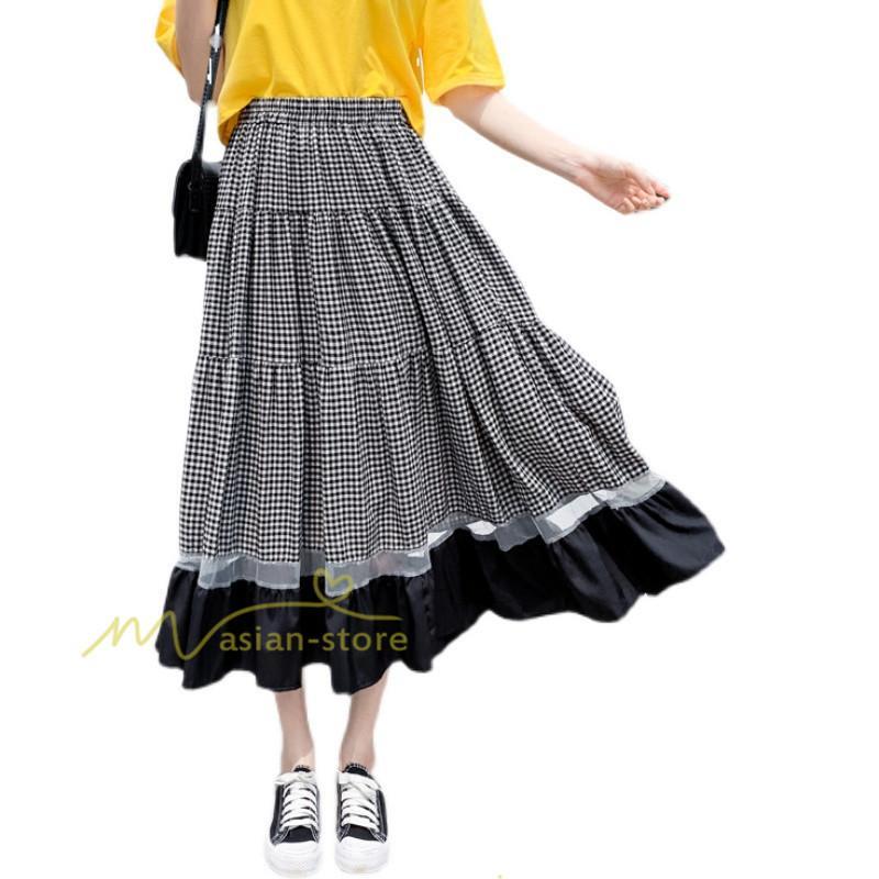 スカート | フレア ロング春物 レディース 春夏 チェック柄 ドッキング リゾート 体型カバー お出かけ 20代30代40代50代 着痩せ 通勤通学 カジュアル