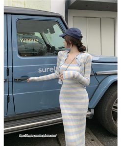 カーディガン | ニットワンピース リブニット トップス キャミワンピース ボーダー ニット 長袖 タイト ニットワンピース スリム セクシー 20代