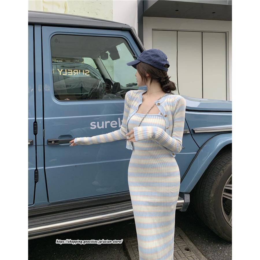 カーディガン | ニットワンピース リブニット トップス キャミワンピース ボーダー ニット 長袖 タイト ニットワンピース スリム セクシー 20代