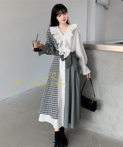 マキシ | ロングワンピース 秋物 レディース ミモレ丈 Aラインワンピース 切り替え フェイク レイヤード風 チェック柄 着やせ お呼ばれワンピース 重ね着風 30代40代