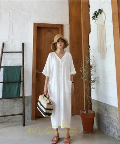 マキシ | ワンピース レディース 夏ワンピース 綿麻 五分袖 体型カバー 着痩せ 韓国風 30代 40代 50代 Vネック 通勤 OL デート キレイめ 新作 2022 お出かけ おしゃれ