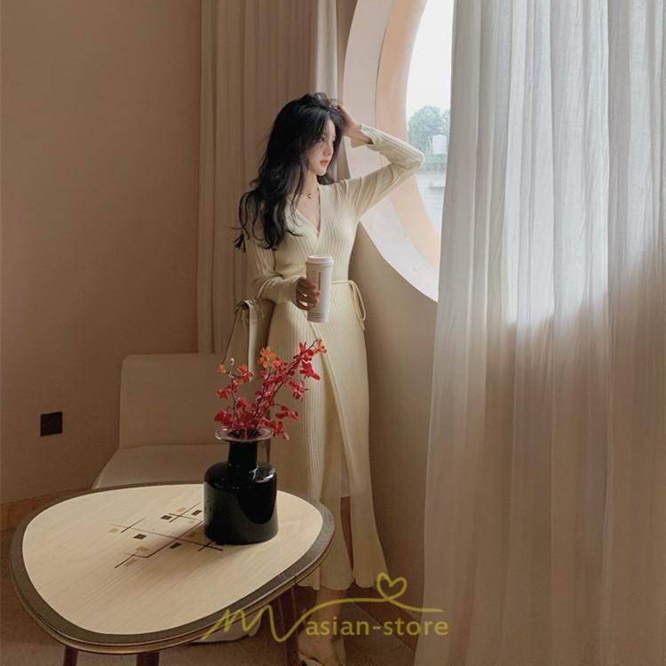 ニットワンピース | ワンピース 春 春服 レディース 長袖 ゆったり 秋 冬 vネック 着痩せ スリット 旅行 女子会 デート 20代30代40代50代 お出かけ