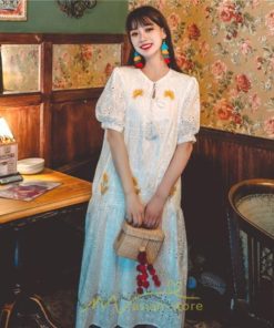 マキシ | ロングワンピース 夏秋 レディース 五分袖 普段着 同窓会 細見せ ハイウエスト コットン レース Aライン 白 紫 刺繍 Vネック キャンプ 旅行 上品 鎖骨 華奢魅せ