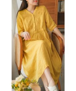 ミディアム | ワンピース レディース 夏新作 半袖 五分袖 ミモレ丈 刺繍 無地 Aラインワンピース ギャザー ゆったり Vネック ウエストリボン付き 調整可 40代 綿麻 30代