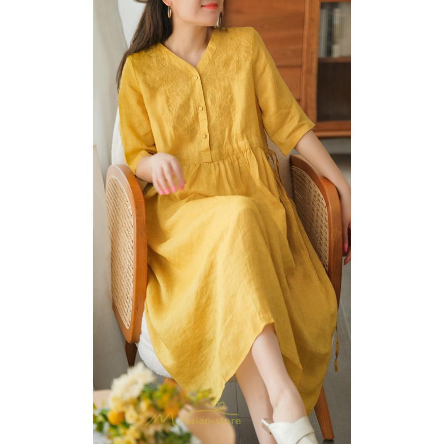 ミディアム | ワンピース レディース 夏新作 半袖 五分袖 ミモレ丈 刺繍 無地 Aラインワンピース ギャザー ゆったり Vネック ウエストリボン付き 調整可 40代 綿麻 30代