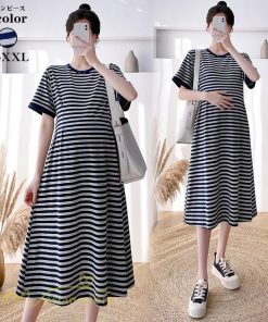 ワンピース | マタニティレディース ストライプ 着痩せ ゆる妊婦服 夏 サマーママ着 大きいサイズ 産前産後 上品 シンプル 大きいサイズ