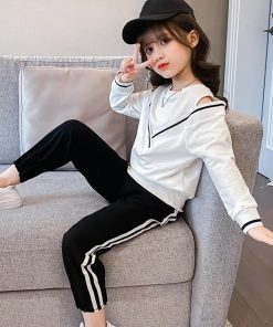 （子供）その他 | Tシャツ 長袖 肩開き おしゃれ 洋服 長ズボン オフショルダー 運動着 可愛い 女の子 子供服 セットアップ ジュニア キッズ?