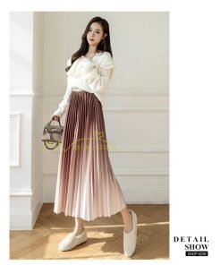 スカート | プリーツロングミモレ丈 グラデーションAラインウエストゴム ハイウエスト 秋冬 無地 ゆったり 大人 通学通勤