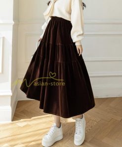 スカート | ロングティアードAラインミモレ丈 フレアビロードウエストゴム ハイウエスト 秋冬 無地 ゆったり