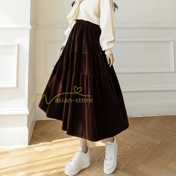 スカート | ロングティアードAラインミモレ丈 フレアビロードウエストゴム ハイウエスト 秋冬 無地 ゆったり
