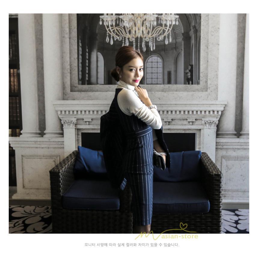 セットアップ | ワンピーススーツ セレモニー スーツ ママ オフィス 通勤用 フォーマル 長袖ジャケット+ノースリーブワンピース レディース 結婚式 ストライプ柄 2点セット