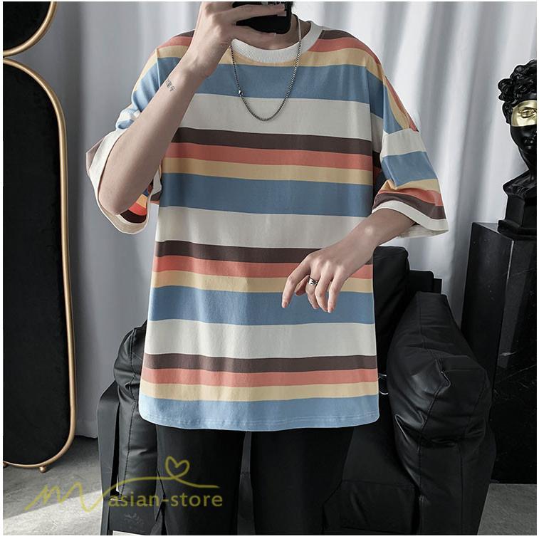 Tシャツ | カットソー メンズ ストライプ カジュアルクルーネック 5分袖 ワイドトップス メンズスタイル カッコウイイ 夏服 上品 日常感