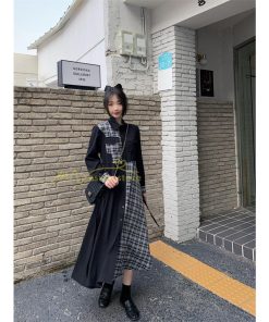 マキシ | シャツワンピース 秋物 レディース ロングワンピース ドッキングワンピース 切替 チェック柄 Aラインワンピース レイヤード風 フェイク お呼ばれ 30代40代50代
