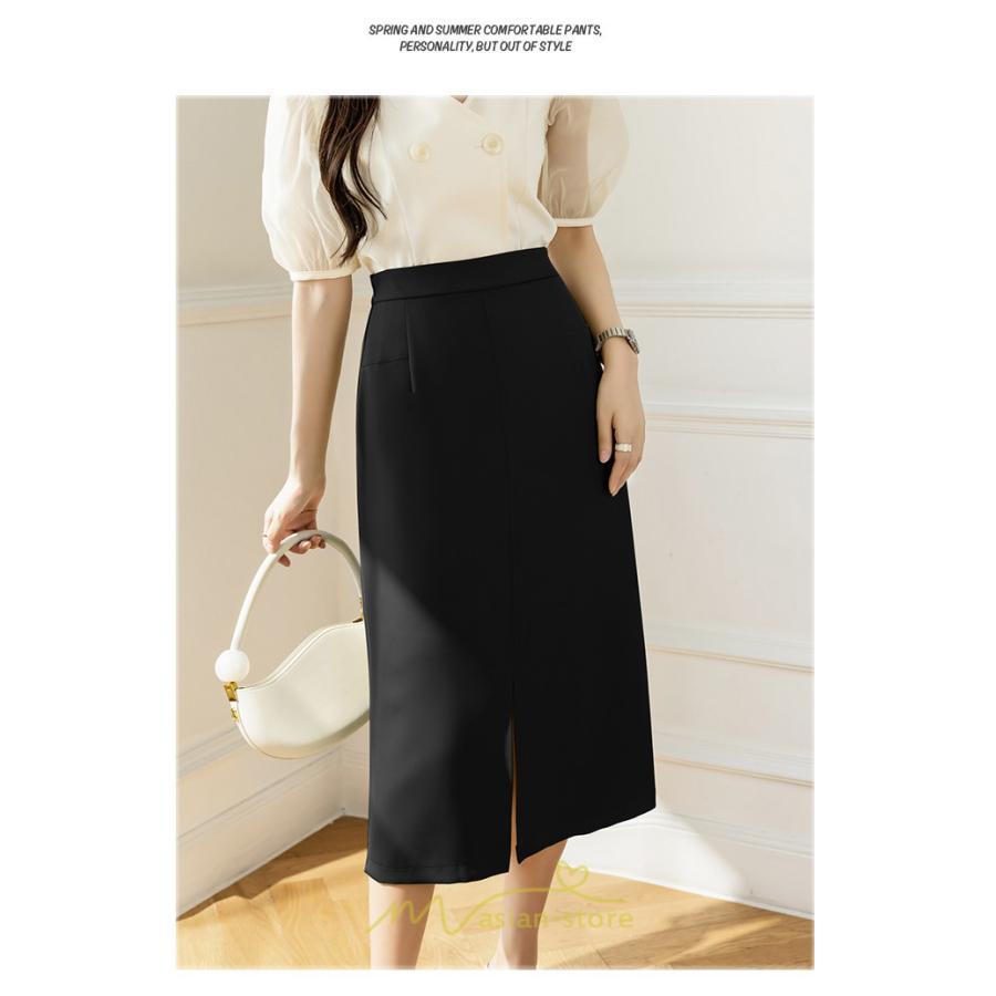 スカート | ボトムス 膝下 スリット ひざ下 Aライン ウエストゴム 楽 大人 きれいめ 20代 30代 40代 サイドチャック 通勤 上品 ビジネス オフィス