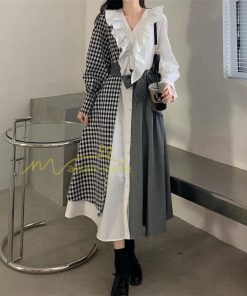 マキシ | ロングワンピース 秋物 レディース ミモレ丈 Aラインワンピース 切り替え フェイク レイヤード風 チェック柄 着やせ お呼ばれワンピース 重ね着風 30代40代