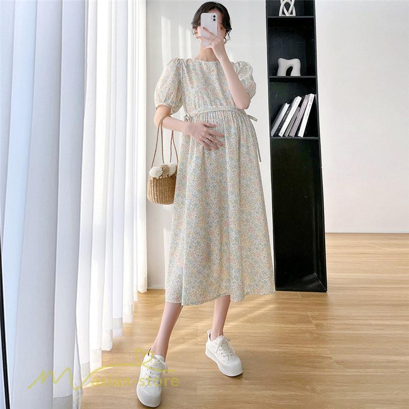 ワンピース | マタニティレディース Aライン 妊婦服 体型カバー 着痩せ マタニティウェア 小花柄 柔らか きれいめ お出かけ マタニティ 夏服 ひざ下丈