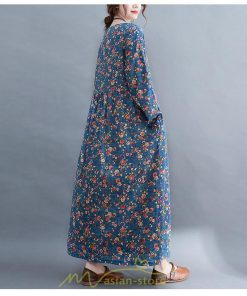 マキシ | ワンピース レディース 大きいサイズ 長袖 ロング丈 マキシ丈 丸首 コットン 花柄 青 夏 秋 体型カバー 着痩せ ゆったり ポケット 美シルエット 広がる裾 通勤