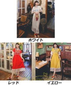 マキシ | ワンピース 七分袖 花と鳥 きれいめ ロング丈 レディース 夏 秋 レトロ 刺繍 レース Vネック エスニック風 リゾート　 イベント カジュアル お出かけ ボヘミアン