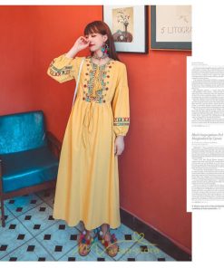 マキシ | ワンピース 長袖 ハイウエスト 綿麻 コットン リネン ロング ロング丈 Aライン ワンピ レディース 着痩せ 体型カバー 丸首 白 黄色 赤 通勤 Vネック 刺繍