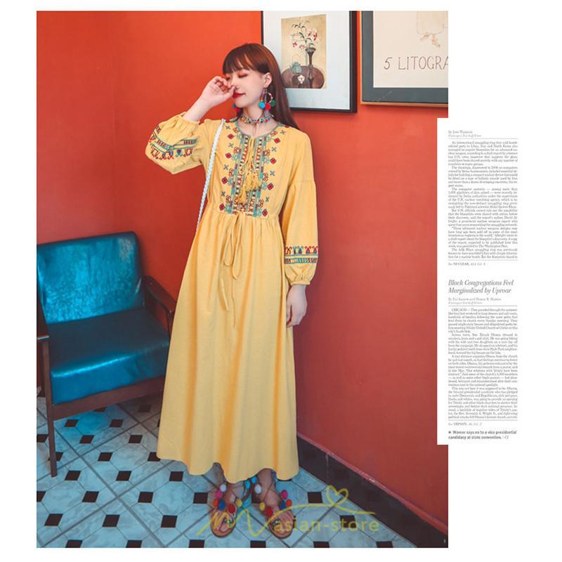 マキシ | ワンピース 長袖 ハイウエスト 綿麻 コットン リネン ロング ロング丈 Aライン ワンピ レディース 着痩せ 体型カバー 丸首 白 黄色 赤 通勤 Vネック 刺繍