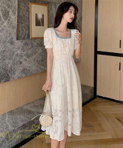 ミディアム | ワンピース レディース 着痩せ スクエアネック 上品 可愛い 半袖 ハイウエスト 透け感 Aラインワンピース 韓国風 20代 お出かけ 通勤通学 30代 きれいめ 40代