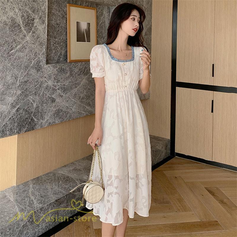 ミディアム | ワンピース レディース 着痩せ スクエアネック 上品 可愛い 半袖 ハイウエスト 透け感 Aラインワンピース 韓国風 20代 お出かけ 通勤通学 30代 きれいめ 40代