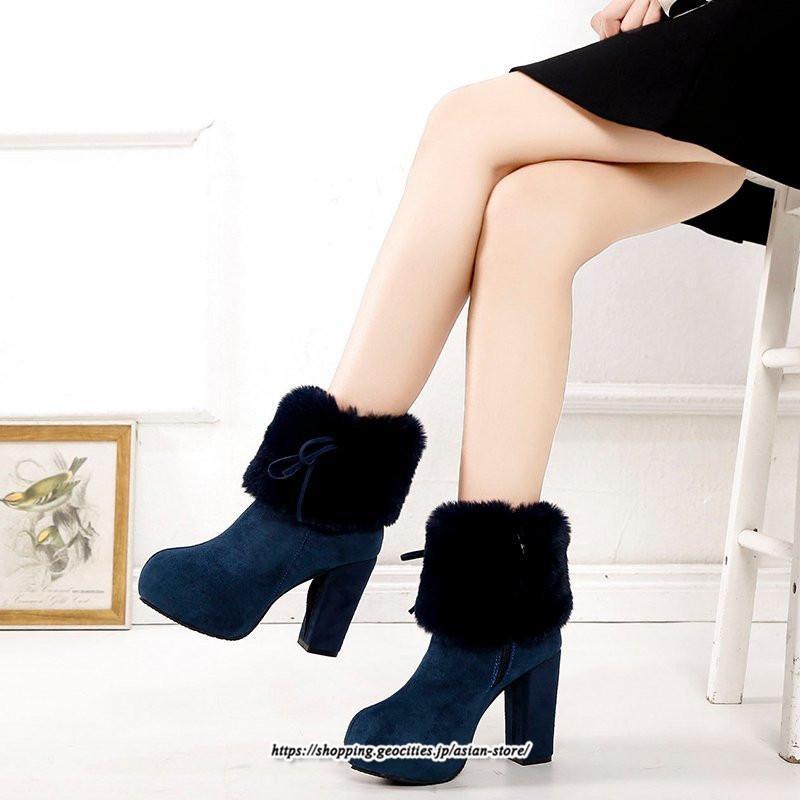 ブーツ | ショートレディース ハイヒール 10cmヒール 厚底 冬用 保温防寒 スエード調 ファー 靴 冬靴 太めヒール シューズ サイドジッパー 痛くない