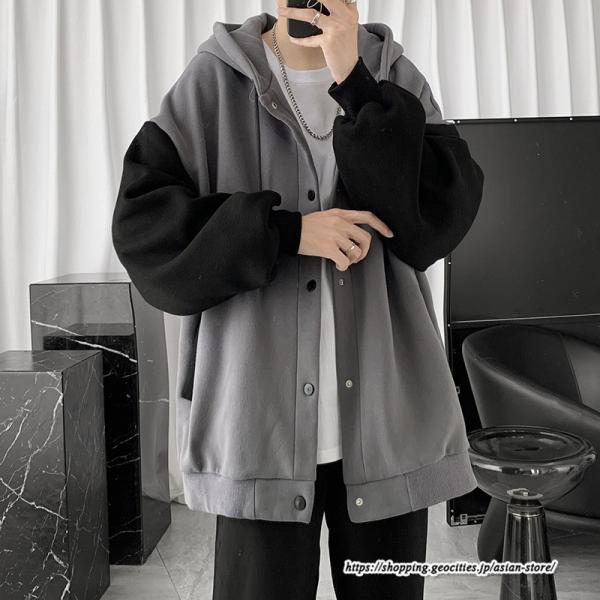 パーカー ジャケット コート | パーカー メンズ カーディガン 長袖 アウター トップス ジャケット 羽織り ボタン ドッキング ポケット フード付き パーカ ボリューム袖 ゆったり 秋物 秋冬