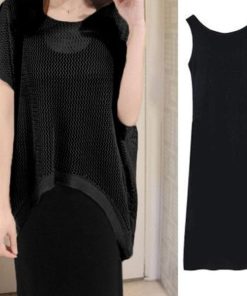 セットアップ | キャミソワンピース トップス レディース ニット キャミソールワンピース 着痩せ 2点セット 体型カバー 可愛い 春夏 黒 通学通勤 無地 2色
