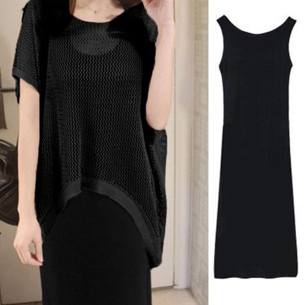 セットアップ | キャミソワンピース トップス レディース ニット キャミソールワンピース 着痩せ 2点セット 体型カバー 可愛い 春夏 黒 通学通勤 無地 2色