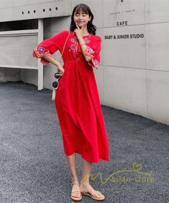 マキシ | ワンピース 半袖 夏物 レディース 秋服 綿麻 刺繍 フレアスリーブ ロングワンピース ミモレ丈 五分袖 ウエストゴム 大人 30代40代 Aラインワンピ リボン付き