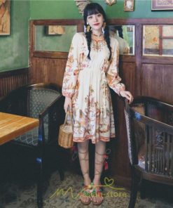 ミニ丈 | ワンピース ひざ丈 膝上 白 青 レトロ風 花柄 かわいい 着映え 着痩せ 長袖 ゆったり 大人っぽ 普段使い 旅行 きれいめ リゾート お出かけ 部屋着  SNS映え