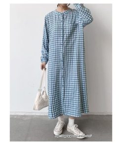 マキシ | 長袖ワンピース チェック柄ワンピース ロングワンピース レディース 秋物 ワンピース 楽チン 綿ワンピース 綿シャツワンピ スタンドカラー ゆったり 大きめ
