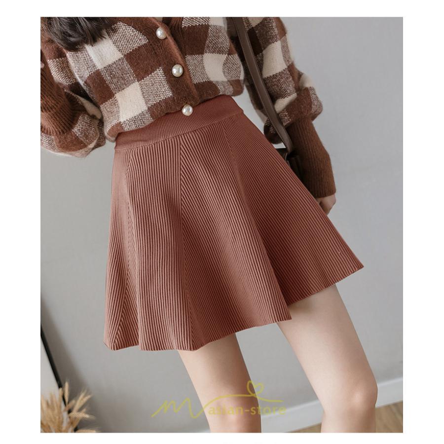 スカート | レディース ボトムス ミニ丈 ひざ上 ウエストゴム 楽ちん ゆったり ニット 秋冬 韓国風 Aライン フレア デート 着痩せ 可愛い お出かけ 脚長効果