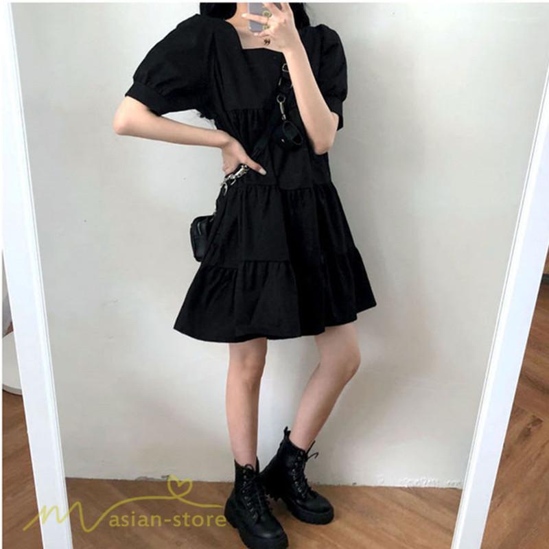 ミニ丈 | ワンピース 無地 レディース ショートワンピース 半袖 かわいい スクエアネック サマーワンピース 夏新作 カジュアル 黒 Aラインワンピース XL ゆったり 白