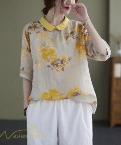ｔシャツ・カットソー | Tシャツ Tシャツ プリント カジュアル 麻綿 リネン シャツ トップス サマーシャツ 襟付き カジュアル 大きいサイズ 夏コーデ 5分袖 麻綿 トレンド レディース