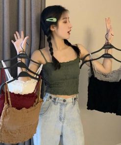 キャミソール | インナー ベアトップ レディース ストラップ付き チューブトップ トップス 韓国ファッション ストレッチ ギャザー飾り フリル