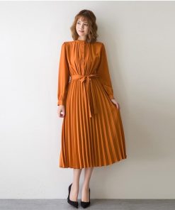 マキシ | ワンピースプリーツワンピース ロングフレアシフォンワンピース 二次会 ドレス 無地長袖リゾート ウエストリボン付き 通学通勤 エレガント M S L XL 可愛い