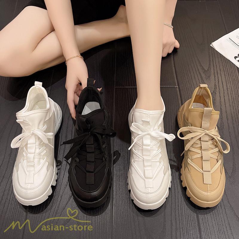 スニーカー | インソール レディース ダッドスポーツシューズ 靴 厚底 レースアップ 無地 履きやすい ハイカット 可愛い 脚長効果 歩きやすい 新作