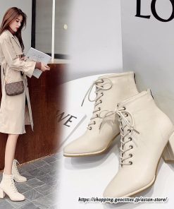 ショートブーツ | レディース 裏起毛なし 裏起毛あり スクエアトゥ ブーツ チャンキーヒール 太ヒール シューズ ハイヒール レースアップ 後ろファスナー 靴