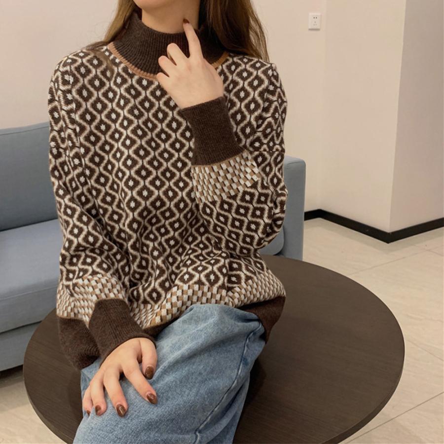 ニット・セーター | 配色ダイス柄ニットトップスハイネック