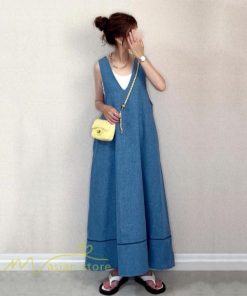 マキシ | ロングワンピース ノースリーブ 夏物 デニムワンピース マキシワンピース Aラインワンピース Vネック 薄手 無地 可愛い Denim 大人 20代30代40代 ゆったり