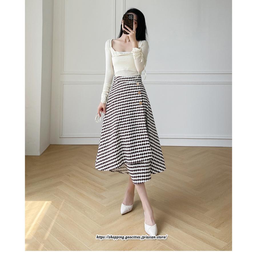 スカート | ロングきれいめ レディース ロング丈 Aライン 20代 30代 40代 50代 秋 冬 千鳥格柄 細見え 可愛い ハイウエスト お出かけ 高見え