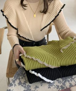 ニット・セーター | 秋冬 スリムフィット フリルトップス長袖 フレア ニットセーター ニットソー リブニットトップス レディース モックネック