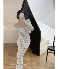 カーディガン | ニットワンピース リブニット トップス キャミワンピース ボーダー ニット 長袖 タイト ニットワンピース スリム セクシー 20代