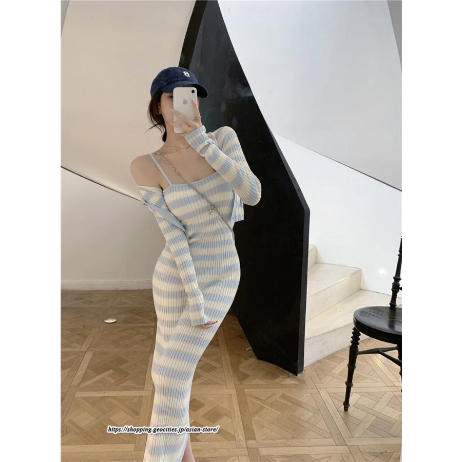 カーディガン | ニットワンピース リブニット トップス キャミワンピース ボーダー ニット 長袖 タイト ニットワンピース スリム セクシー 20代