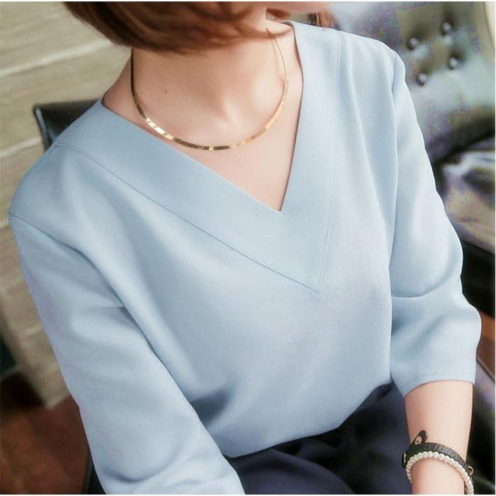 シャツ・ブラウス | シャツブラウス レディース シャツ 五分袖 Vネック 無地 トップス カットソー 可愛い 大人 30代 40代 50代 フォーマル ピンク 白 ブルー オフィス